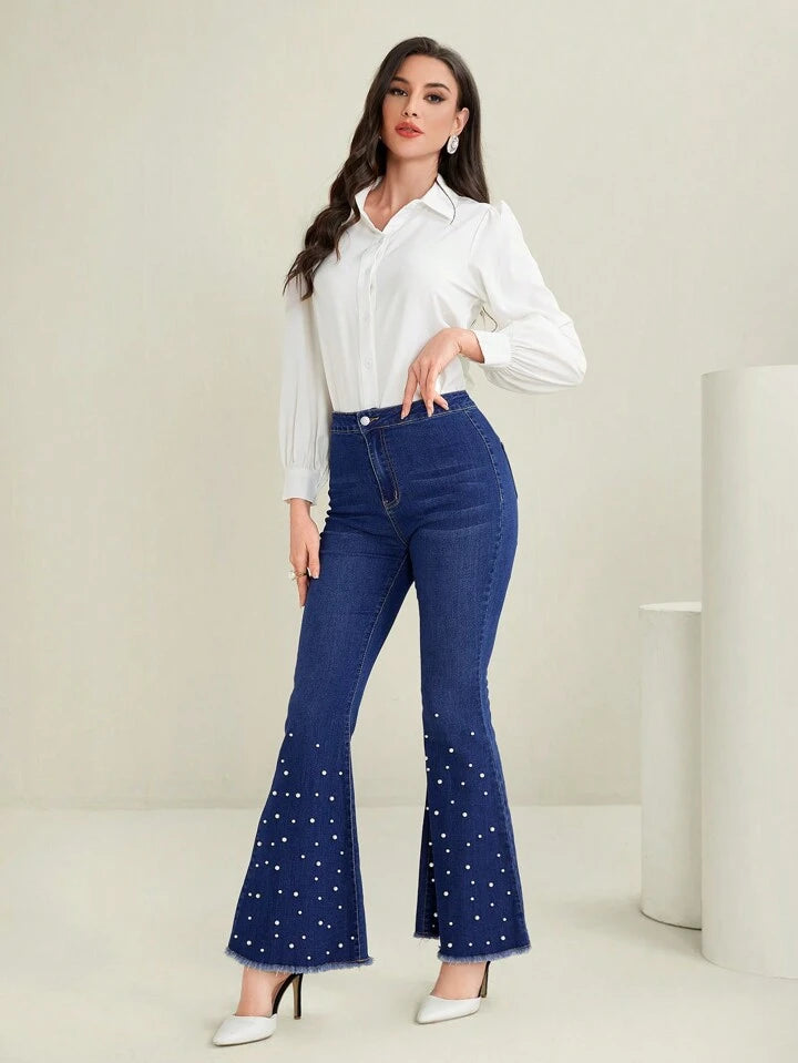 CM-BS264344 Women Casual Seoul Style Dark Wash Pearl Decor Fringe Hem Flared Jeans
