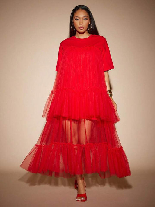 CM-DS209036 Women Elegant Seoul Style Round Neck Short Sleeve Contrast Mesh Tulle Tiered Maxi Dress - Red