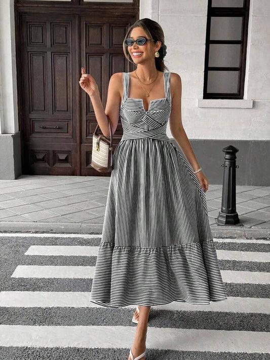 CM-DS395983 Women Trendy Bohemian Style V-Neck Sleeveless Striped Criss-Cross Dress - Black