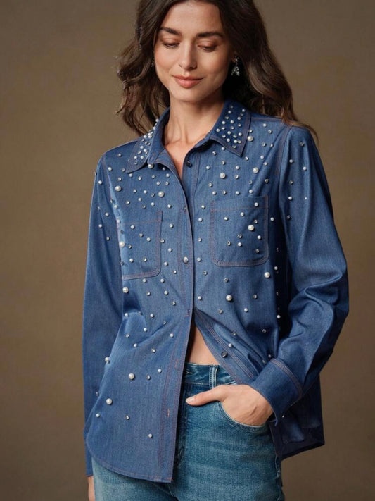 CM-TS342012 Women Elegant Seoul Style Collar Neckline Delicate Pearl Decorated Denim Blouse - Blue