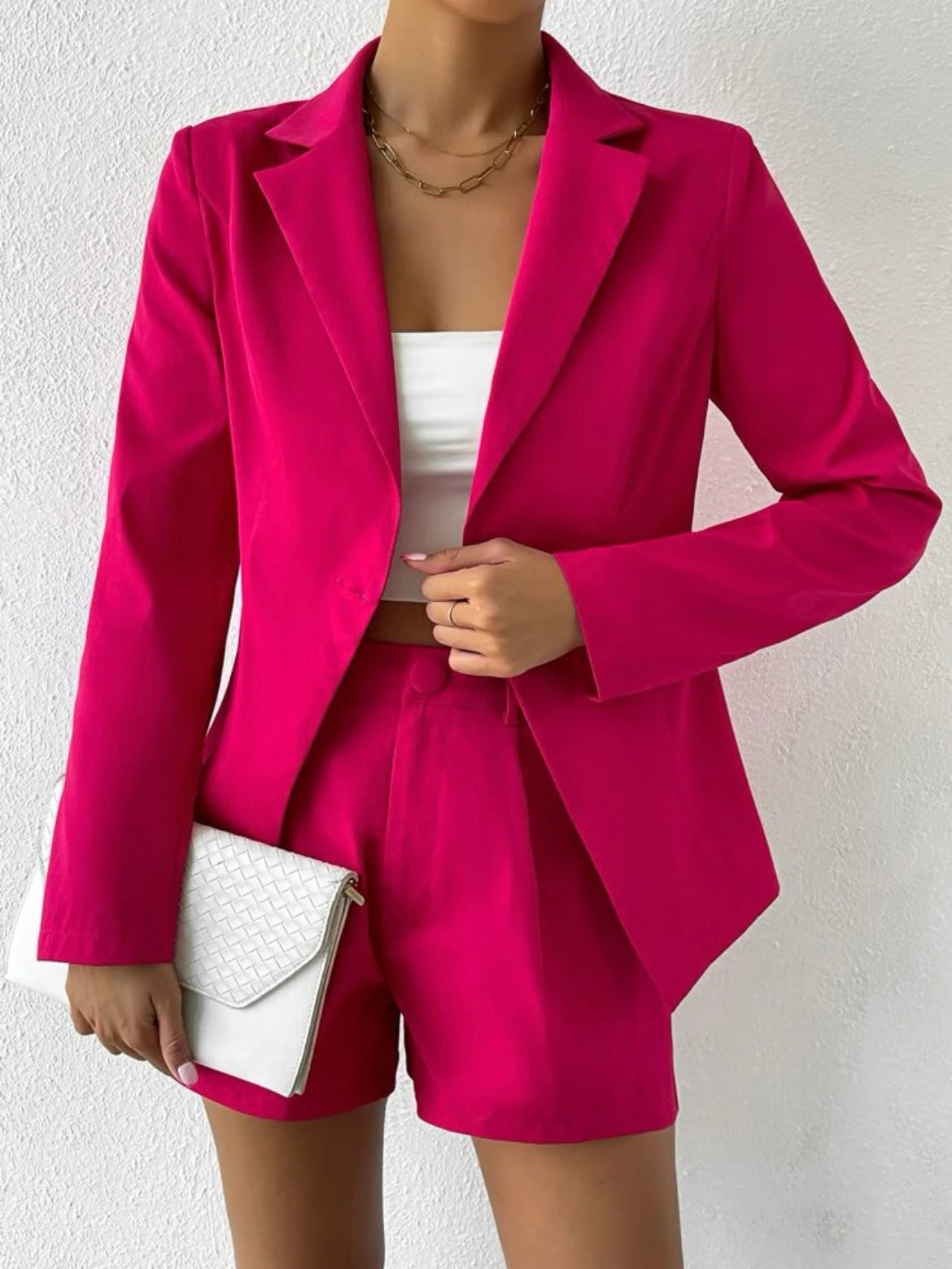 CM-SS128304 Women Elegant Seoul Style Lapel Neck Single Button Blazer With Shorts - Hot Pink