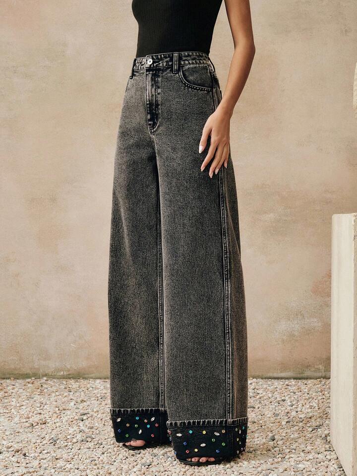 CM-BS269628 Women Elegant Seoul Style High Waist Rhinestone Embellished Loose Leg Wide Leg Jeans - Black