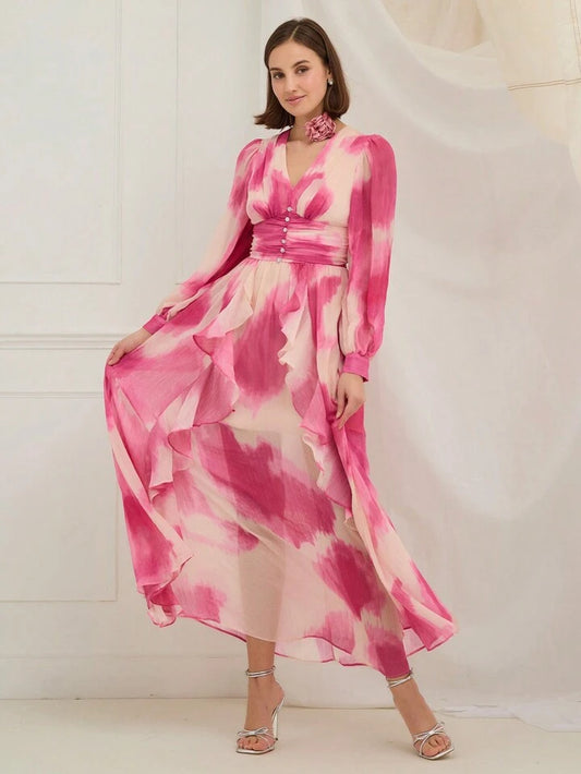 CM-DS202733 Women Elegant Seoul Style V-Neck Front Button Long Sleeve Printing Ruffle Hem Dress - Pink