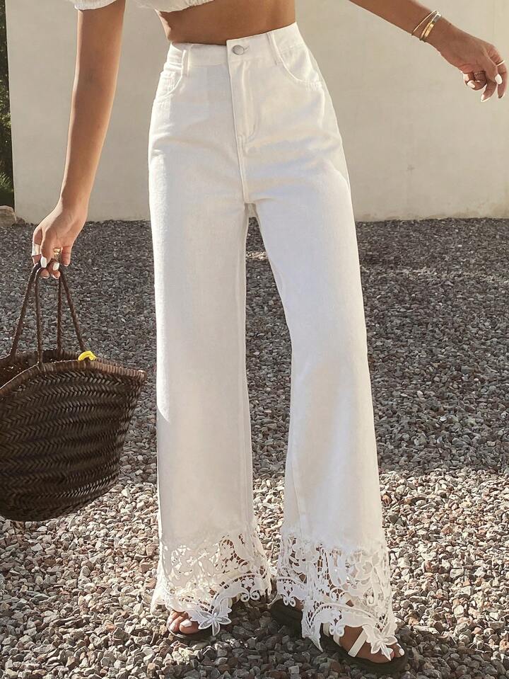 CM-BS987069 Women Casual Seoul Style Mid Waist Solid Color Lace Patchwork Wide-Leg Jeans - White