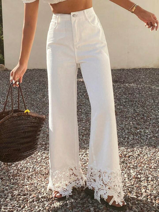 CM-BS987069 Women Casual Seoul Style Mid Waist Solid Color Lace Patchwork Wide-Leg Jeans - White