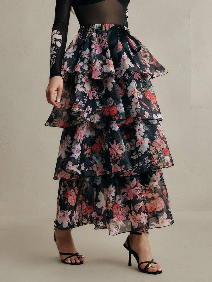 CM-BS613523 Women Elegant Seoul Style Mid Waist Floral Tie-Up Layered Cake Maxi Skirt