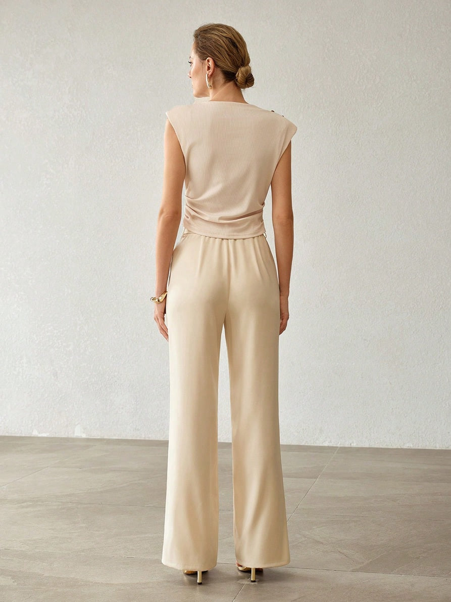 CM-SS414868 Women Elegant Seoul Style Round Neck Cap Sleeve Waist-Cinching T-Shirt With Metal Belt Buckle Decor Suit Pants - Set