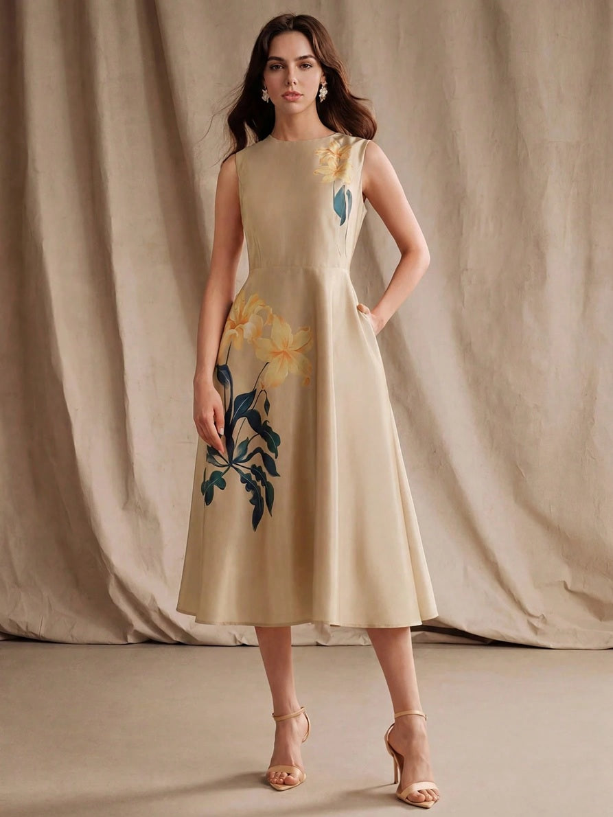 CM-DS128881 Women Elegant Seoul Style Round Neck Sleeveless Waist Cinched Floral Print A-Line Dress - Apricot