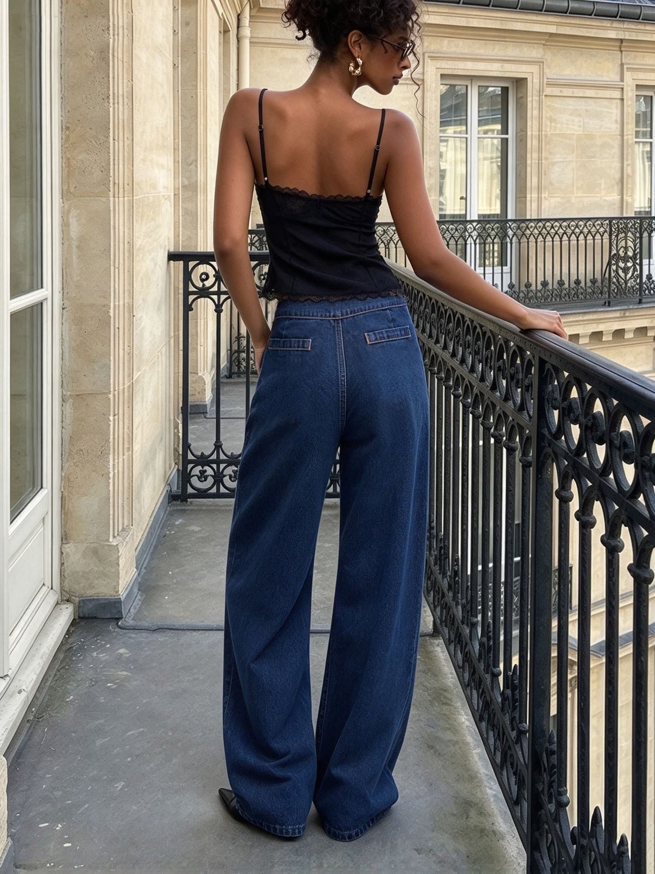 CM-BT022607 Women Casual Seoul Style Dark Wash Ruched Waistband Metal Buckle Decor Floor-Length Wide Leg Jeans