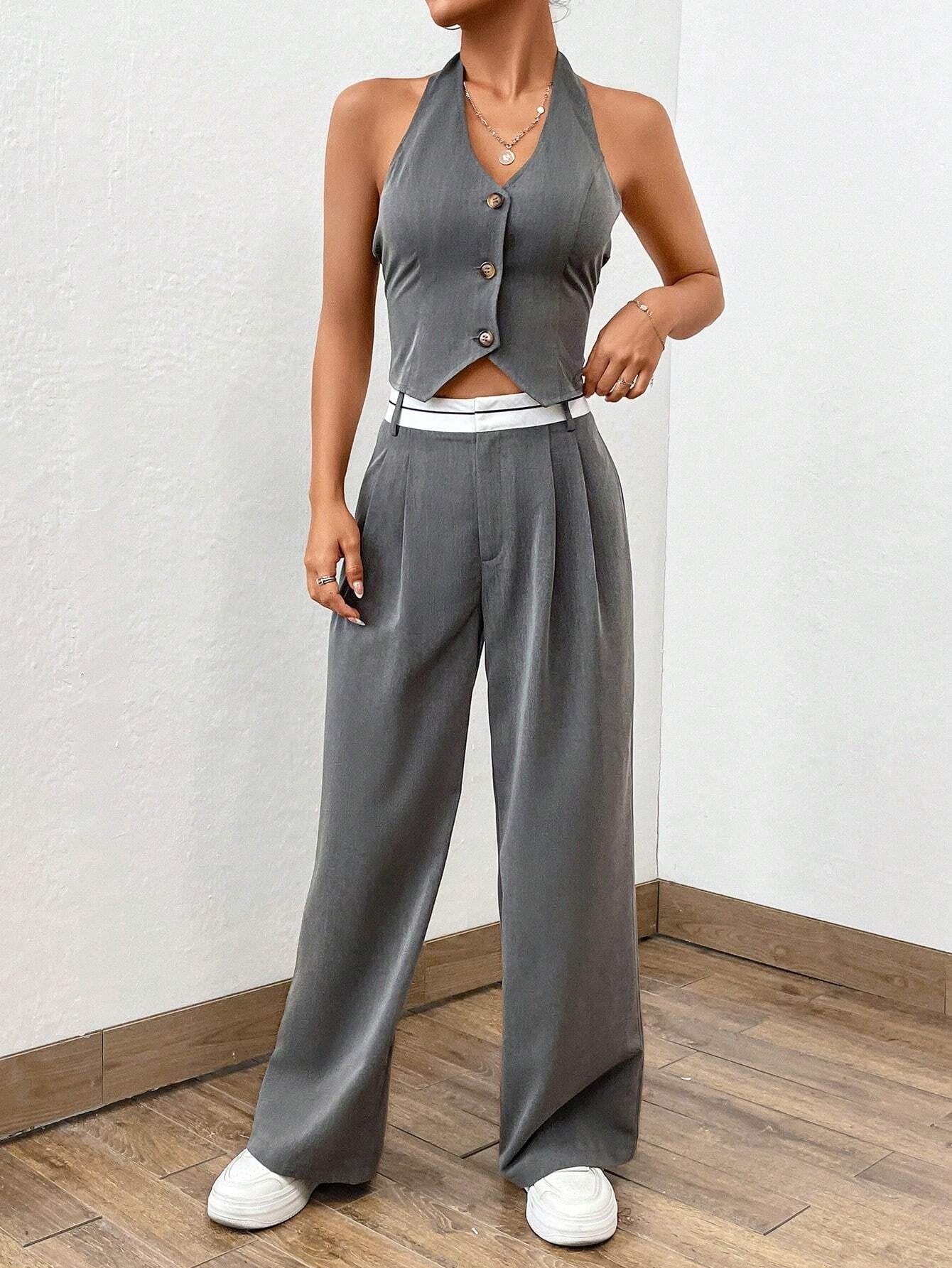 CM-SS333434 Women Casual Seoul Style Button Front Halter Top With Wide Leg Pants - Set