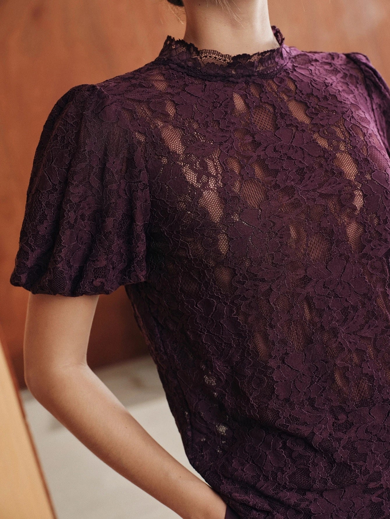 CM-TS334227 Women Elegant Seoul Style Round Neck Floral Lace Puff Short Sleeve T-Shirt - Purple