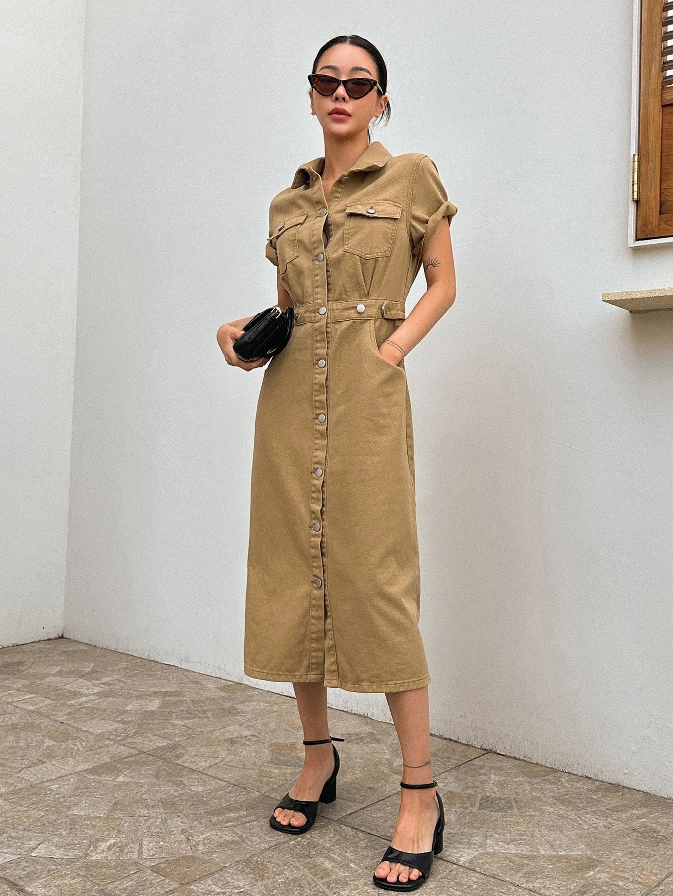 CM-DS708887 Women Preppy Seoul Style Flap Pocket Button Front Shirt Denim Dress