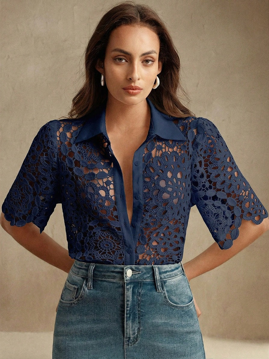 CM-TS672143 Women Casual Seoul Style Collar Neckline Half Sleeve Floral Hollow Out Lace Shirt Blouse - Navy Blue