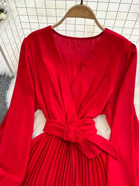CM-DT212875 Women Elegant Seoul Style Deep V-Neck Long Sleeve Flowy Belted Maxi Dress - Red