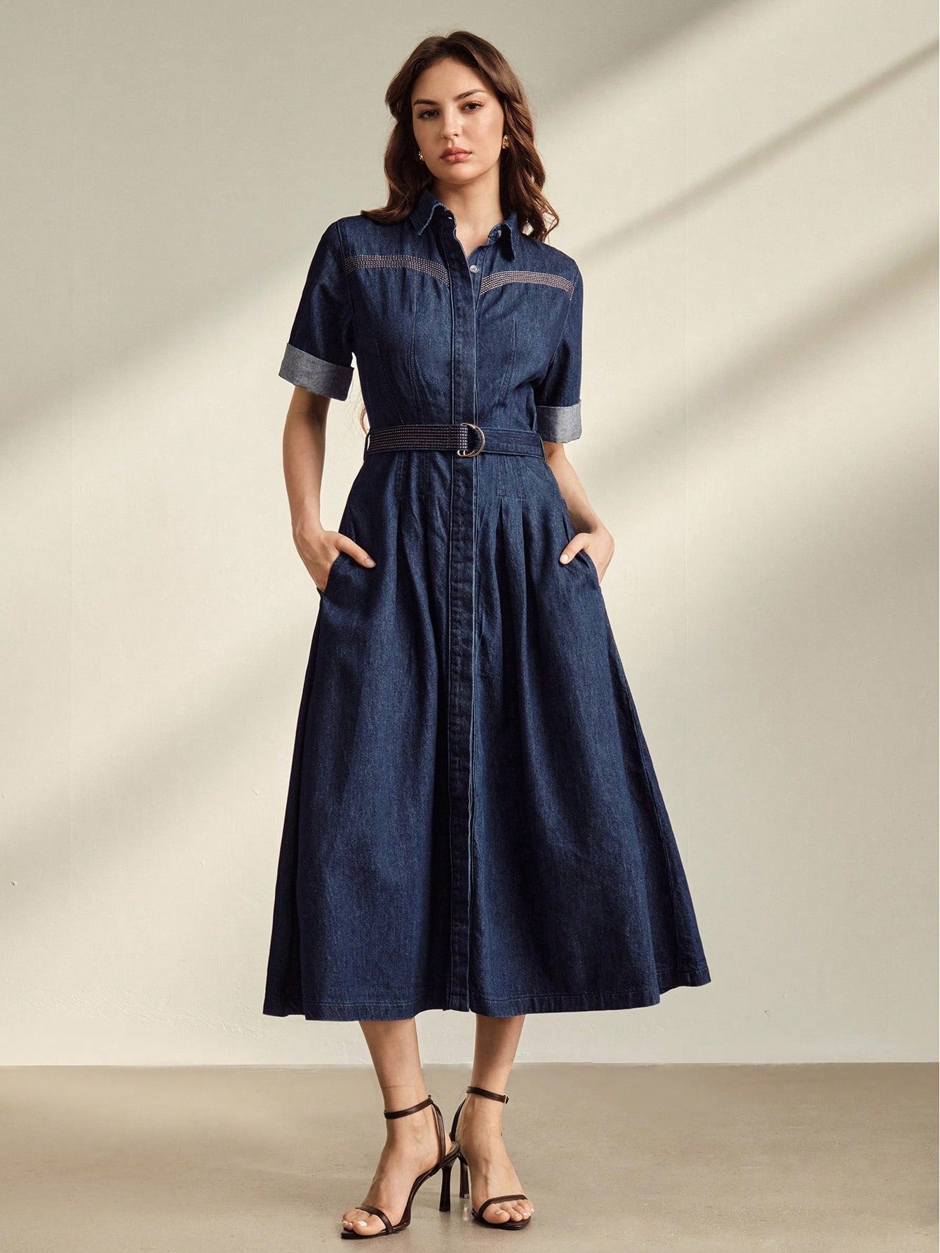 CM-DS464235 Women Elegant Seoul Style Collar Neckline Roll Up Sleeve High Waist Fitted Denim Dress - Blue
