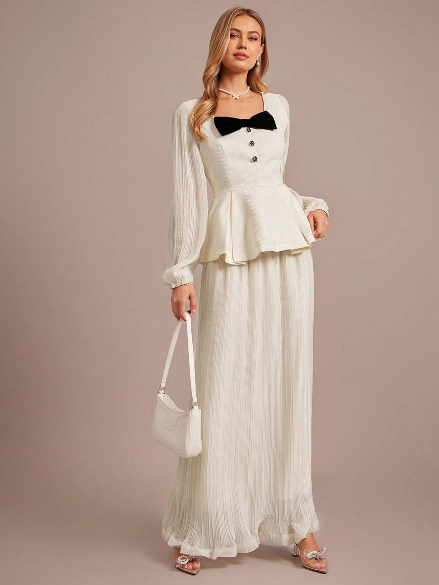 CM-SS032569 Women Elegant Seoul Style Square Neck Bow Decor Lantern Sleeve Ruffle Hem Top With Long Pleated Skirt - Set