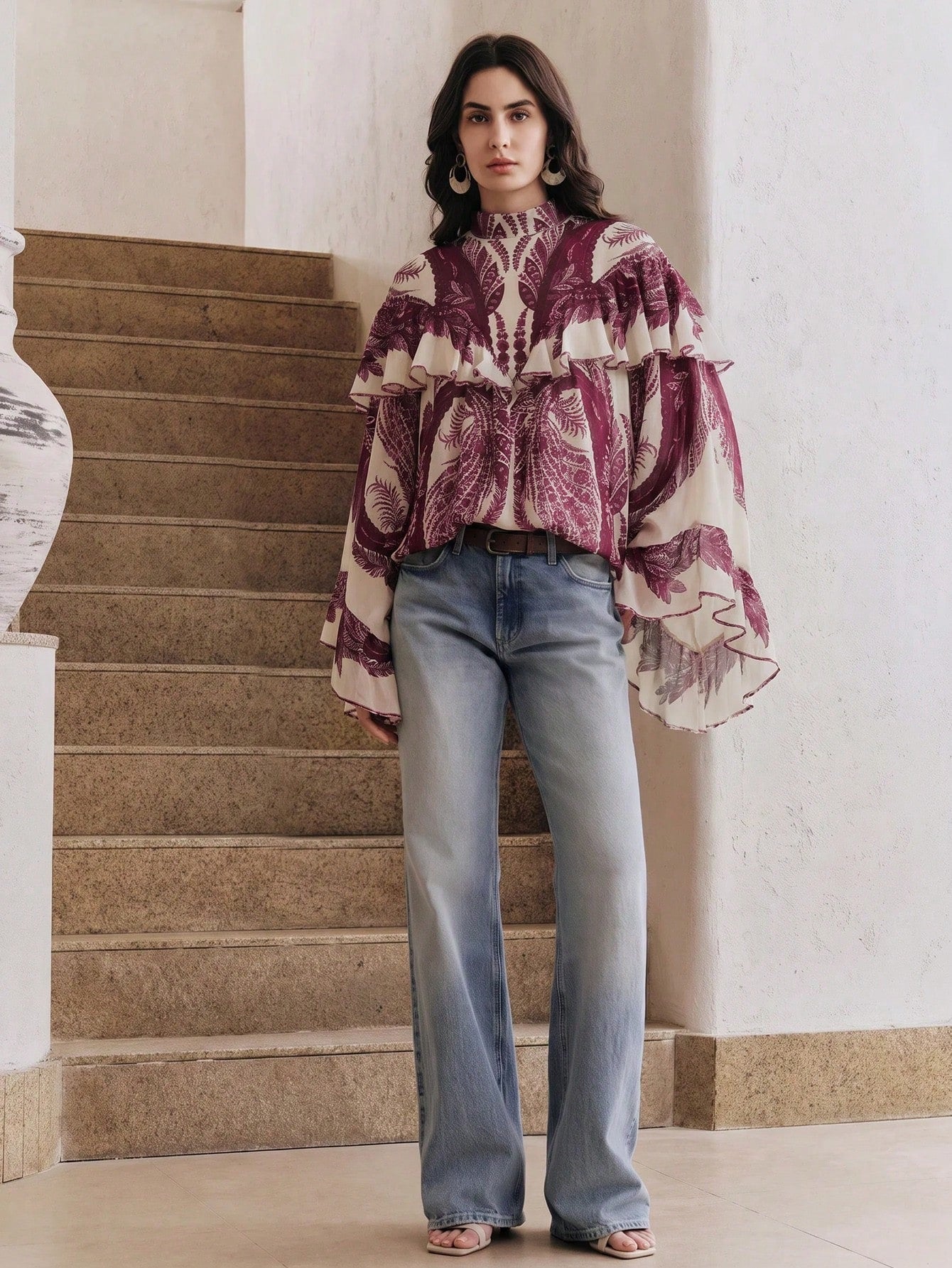 CM-TS762702 Women Trendy Bohemian Style Mock Necl Long Sleeve Plants Print Loose Blouse - Purple