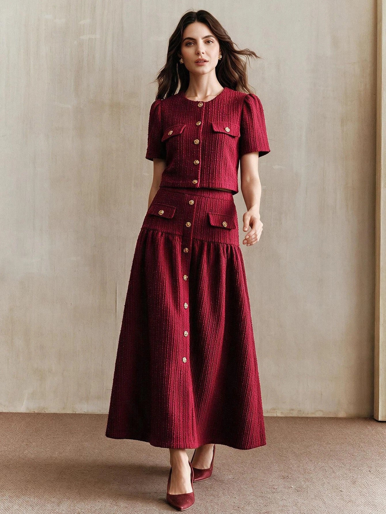 CM-SS503523 Women Elegant Seoul Style Round Neck Short Sleeve Button Decor Top With A-Line Skirt - Set