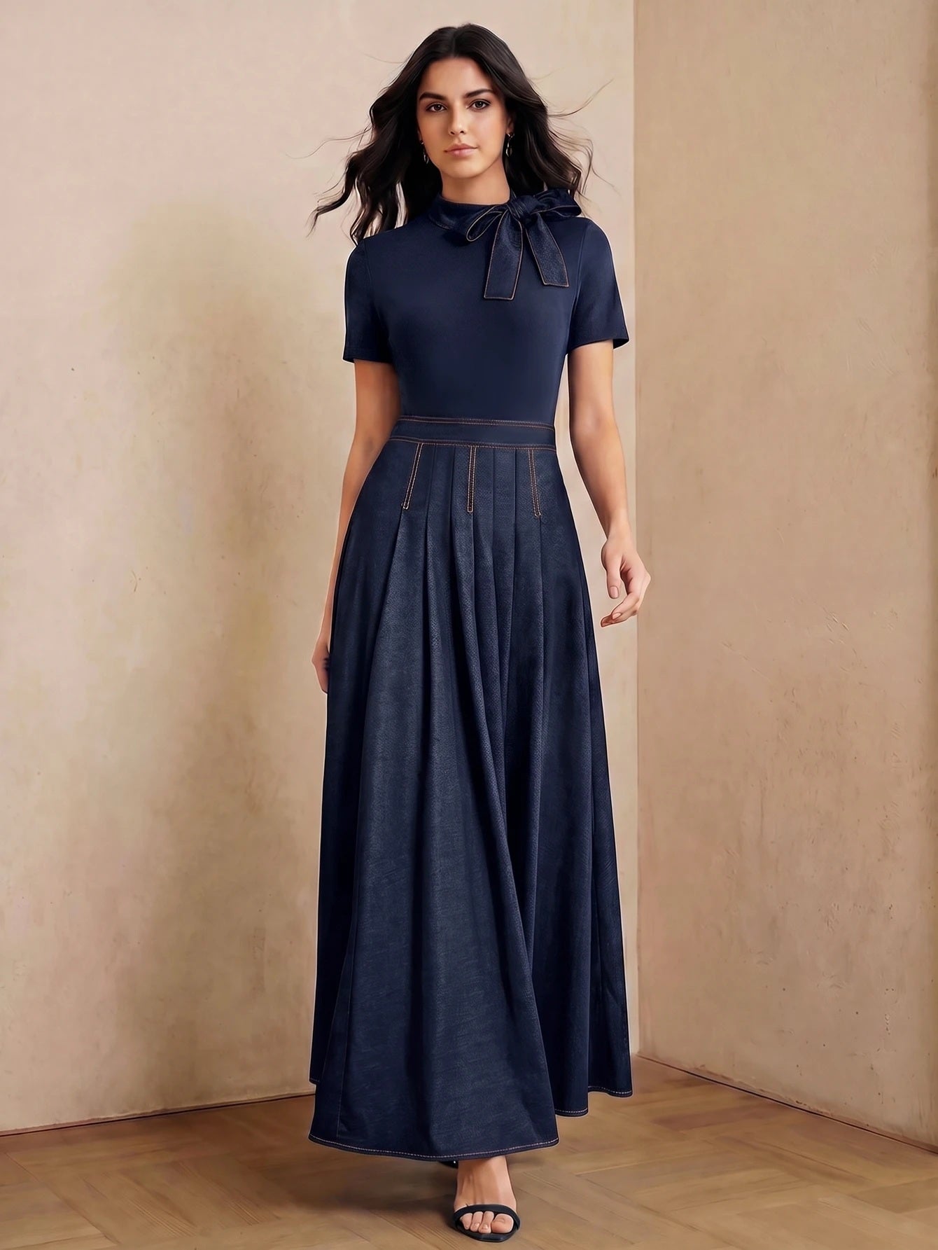 CM-DS813632 Women Elegant Seoul Style Tie Neck Short Sleeve Splice Collar Bow Decor Denim Dress - Navy Blue