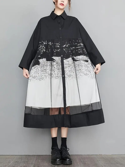 CM-DT134955 Women Elegant Seoul Style Square Neck Long Sleeve A-Line Tulle Mesh Dress