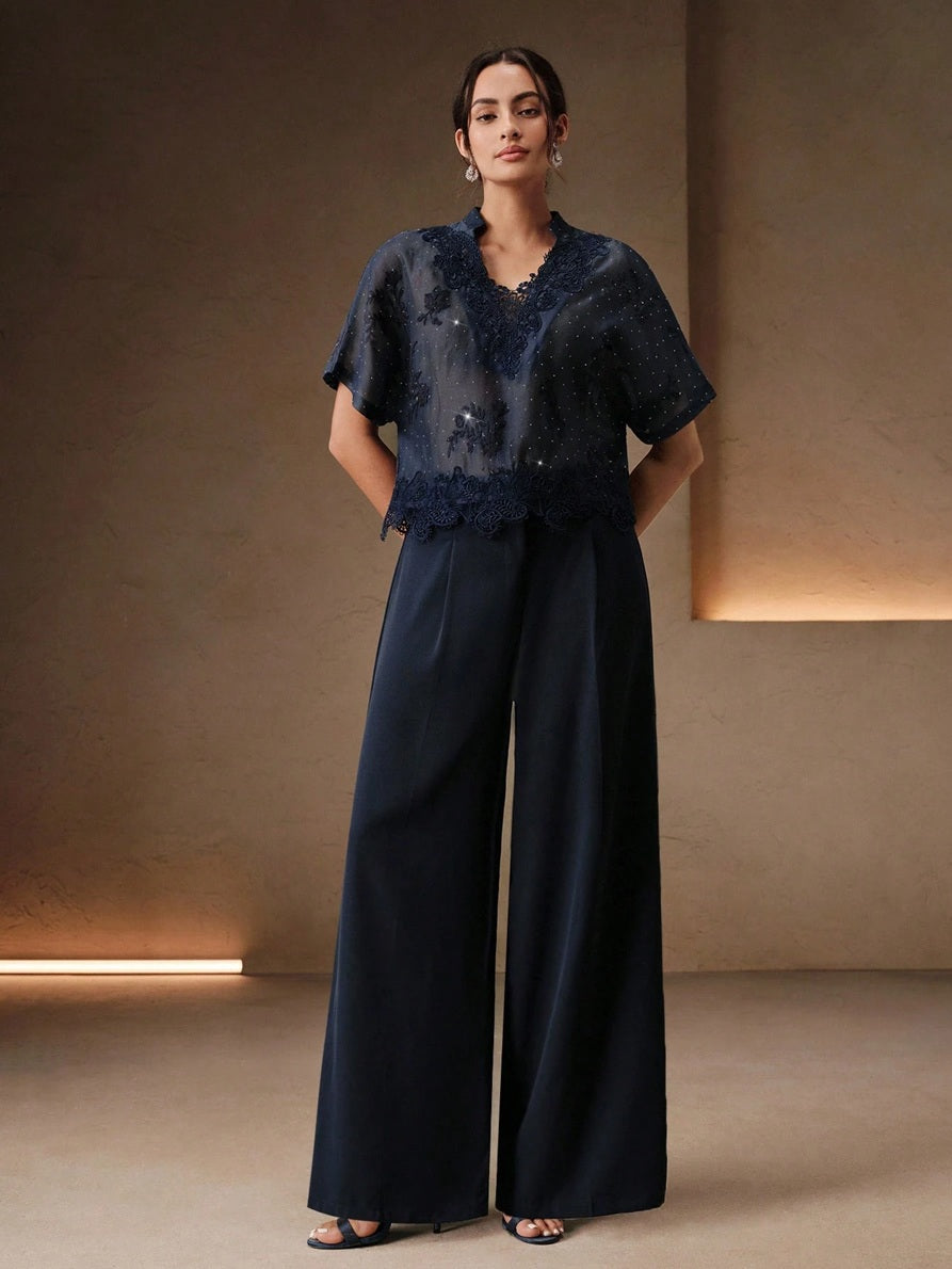 CM-TS225231 Women Elegant Seoul Style V-Neck Short Sleeve Mesh Rhinestone Lace Patchwork Blouse - Navy Blue
