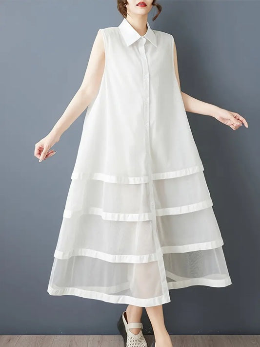 CM-DT033674 Women Casual Seoul Style Collar Neckline Button Front Sleeveless A-Line Shirt Dress - White