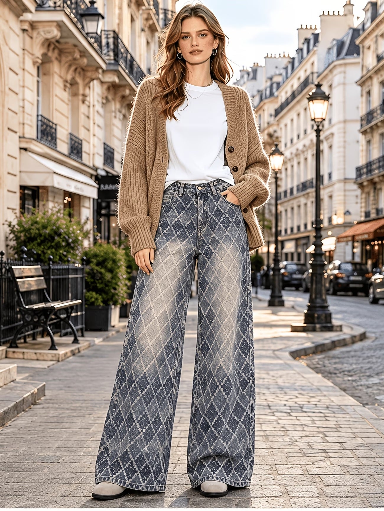 CM-BT560114 Women Casual Seoul Style Medium Wash High Waist Diamond Jacquard Floor Length Wide-Leg Jeans