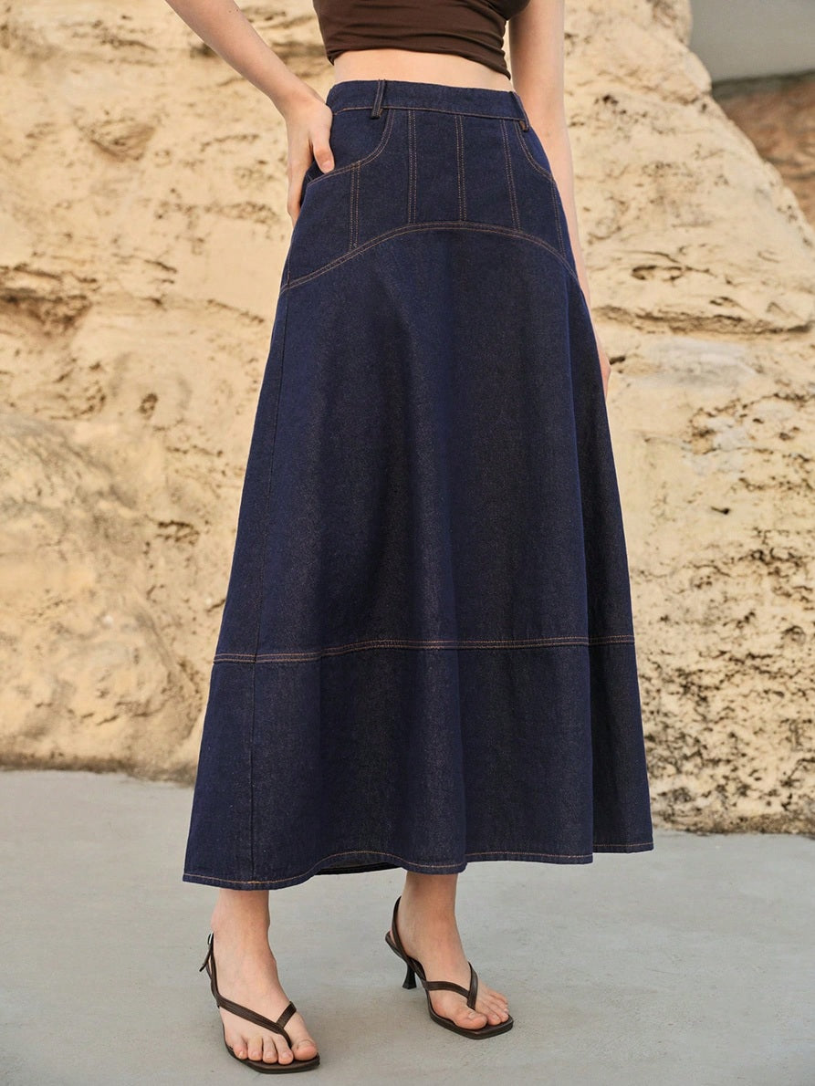 CM-BS331725 Women Casual Seoul Style Mid Waist Slant Pocket A-Line Long Denim Skirt - Navy Blue