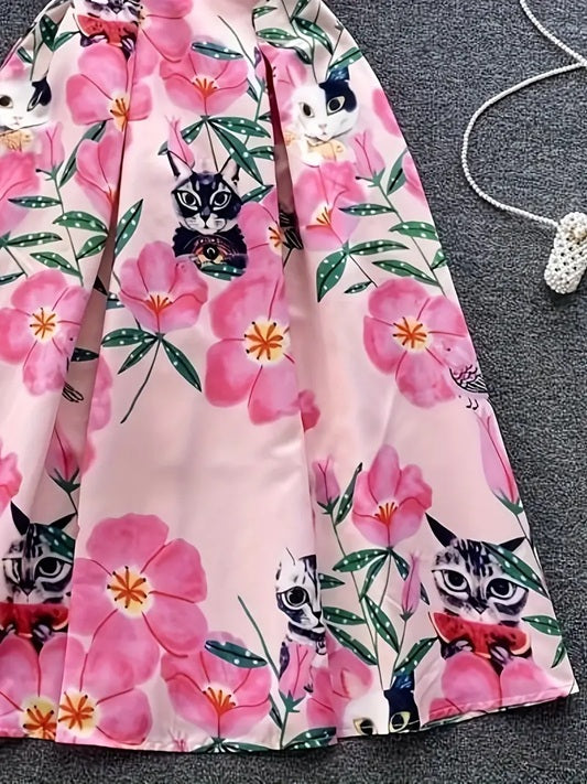 CM-DT690653 Women Elegant Seoul Style Floral Print Round Neck Sleeveless High Waist A-Line Dress - Pink