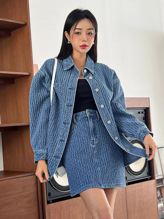 CM-SS241206 Women Preppy Seoul Style Drop Shoulder Denim Coat With Denim Skirt - Set