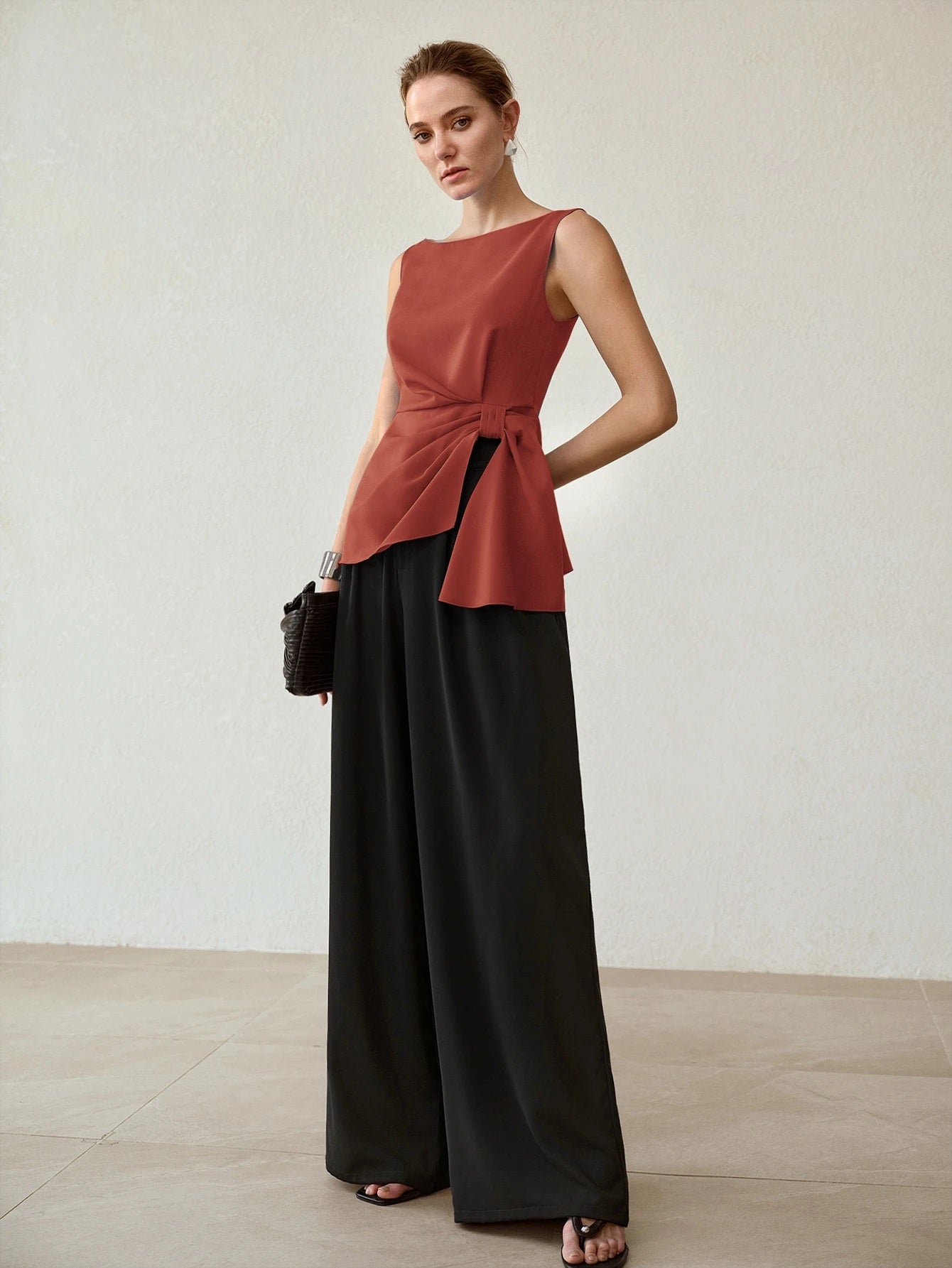 CM-TS246712 Women Elegant Seoul Style Side Knot Boat Neck Sleeveless Blouse - Burnt Orange
