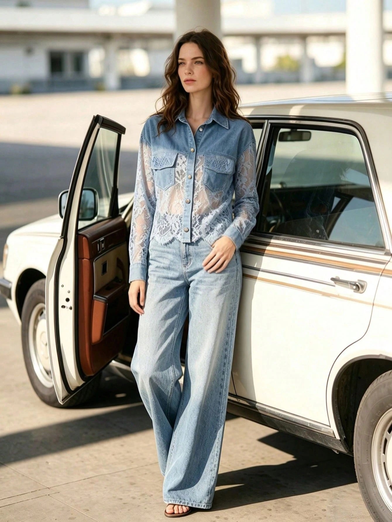CM-TS847731 Women Elegant Seoul Style Shirt Collar Long Sleeve Lace Patchwork Asymmetrical Denim Short Top - Blue