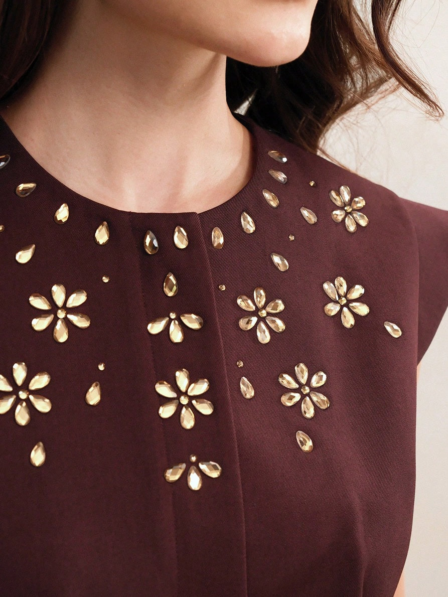 CM-SS912249 Women Elegant Seoul Style Round Neck Cap Sleeve Waist Belt Pleated Embellished Top With Midi Skirt - Set