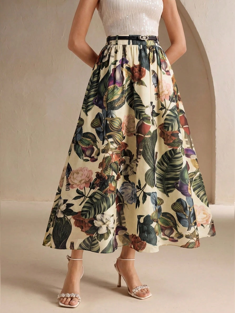 CM-BS340449 Women Elegant Seoul Style Floral Print High Waist A-Line Long Skirt With Belt