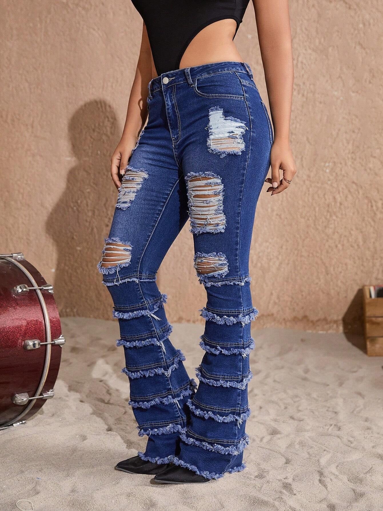 CM-BS955112 Women Preppy Seoul Style High Waist Ripped Raw Hem Flare Leg Jeans