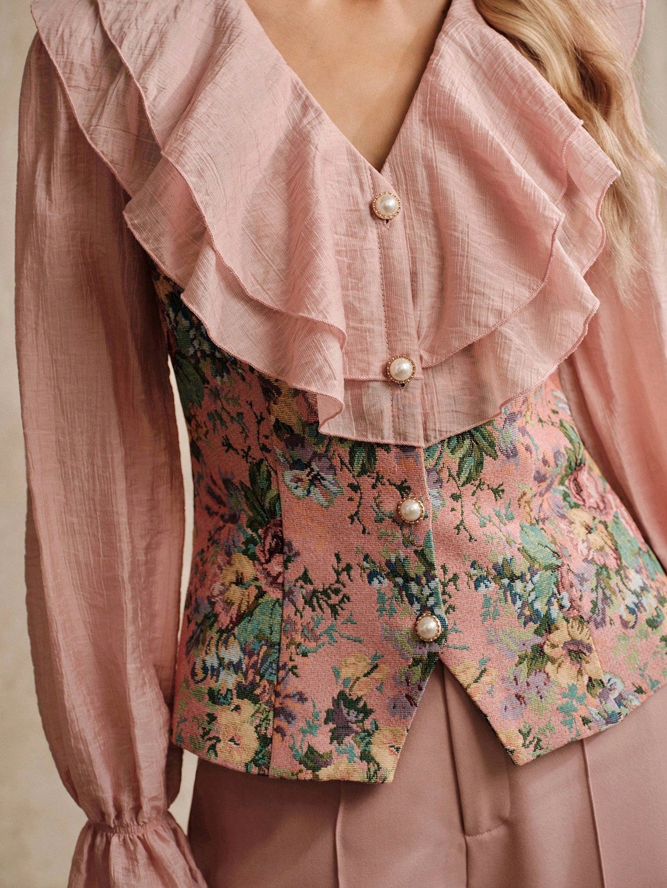 CM-TS258519 Women Elegant Seoul Style Flounce Collar Extra Long Sleeve Ruffle Blouse - Pink