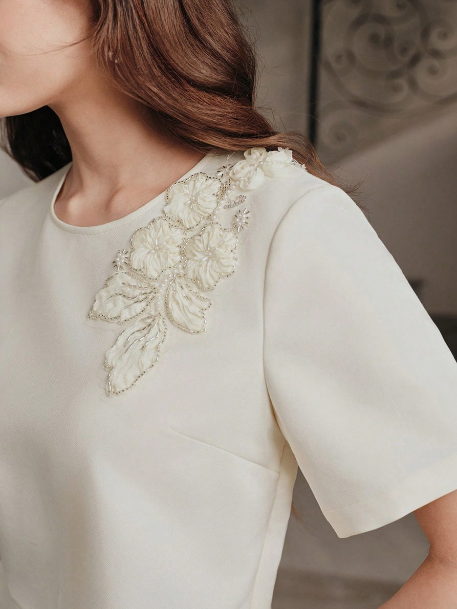 CM-SS480182 Women Elegant Seoul Style Round Neck 3D Floral Decor Short Sleeve Top With Skirt - Set