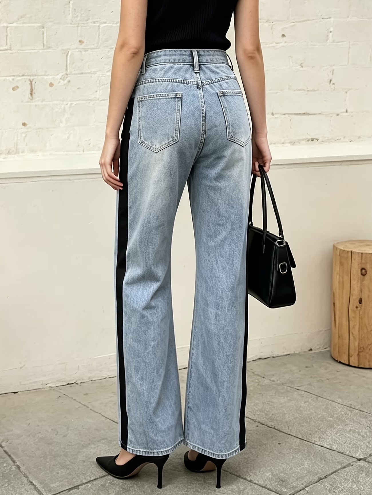 CM-BT050887 Women Casual Seoul Style High-Waist Black Webbing on the Side Drawstring Bow Decoration Jeans