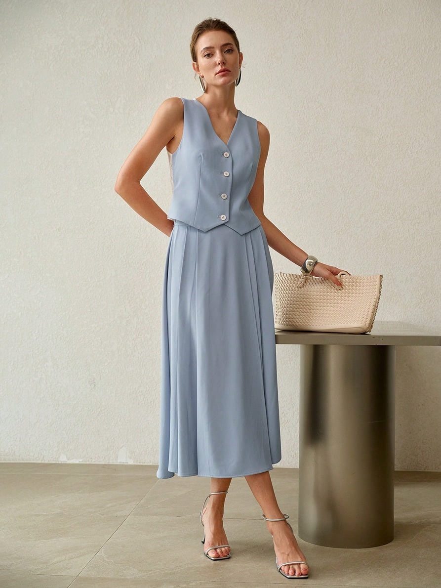 CM-SS290413 Women Elegant Seoul Style V-Neck Sleeveless Contrast Lace Top With Midi Skirt - Set