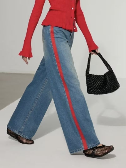 CM-BT342902 Women Casual Seoul Style Medium Wash Straight-Leg Webbing Patchwork Jeans