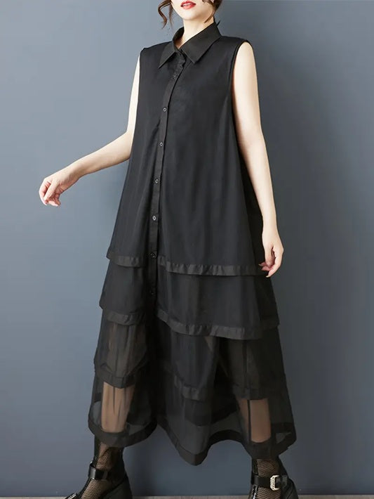 CM-DT033674 Women Casual Seoul Style Collar Neckline Button Front Sleeveless A-Line Shirt Dress - Black
