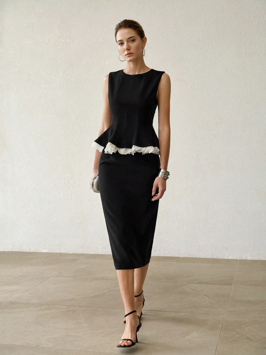 CM-SS084702 Women Elegant Seoul Style Minimalist Patchwork Ruffle Sleeveless Top With Midi Skirt - Set