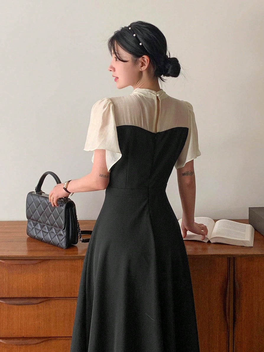 CM-DS116914 Women Elegant Seoul Style Stand Collar Puff Sleeve Patchwork Contrast Color Waist-Cinched Midi Dress