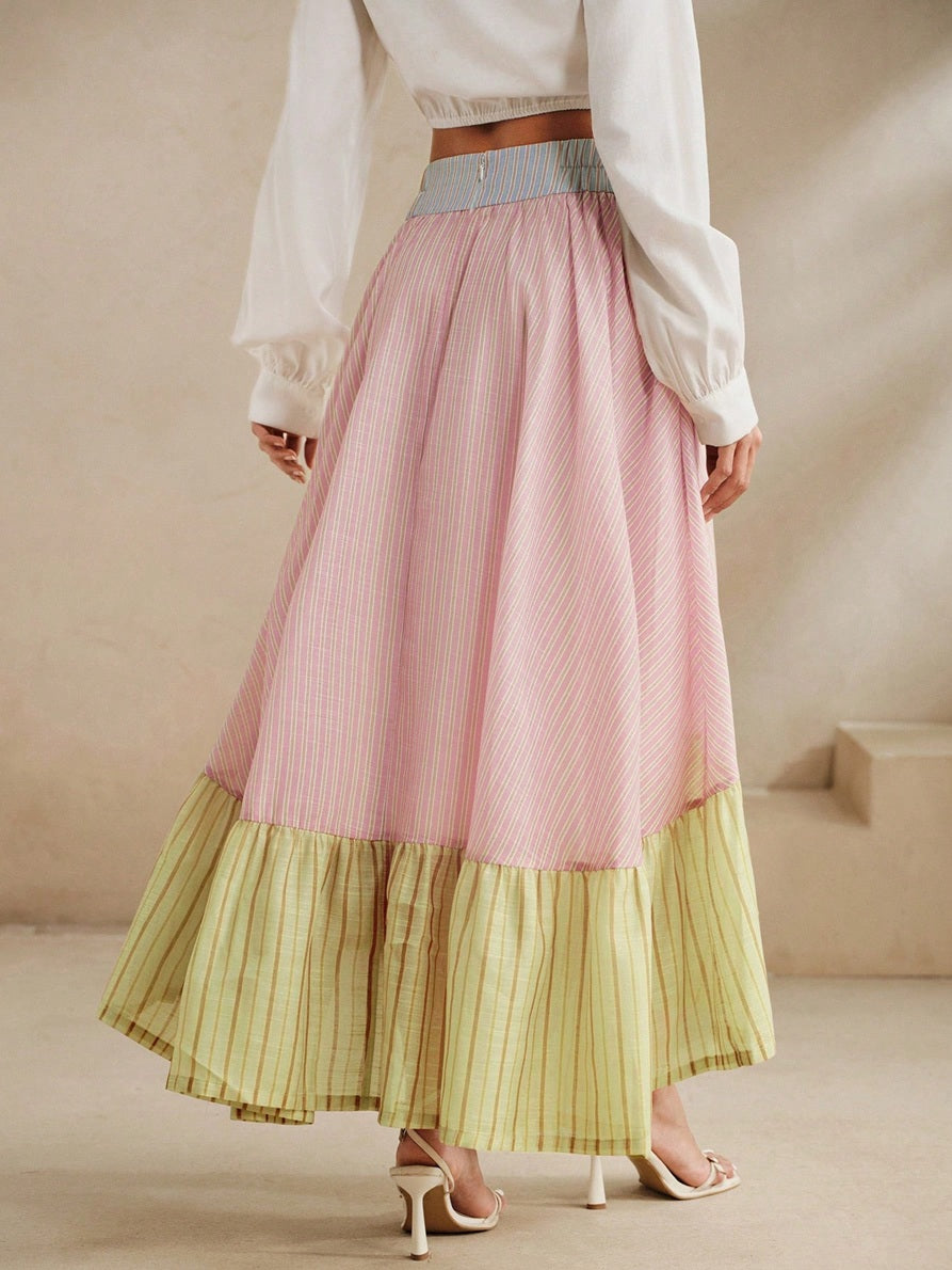 CM-BS281437 Women Tendy Bohemian Style Striped Patchwork Asymmetrical Hem High Waist Puffy A-Line Skirt