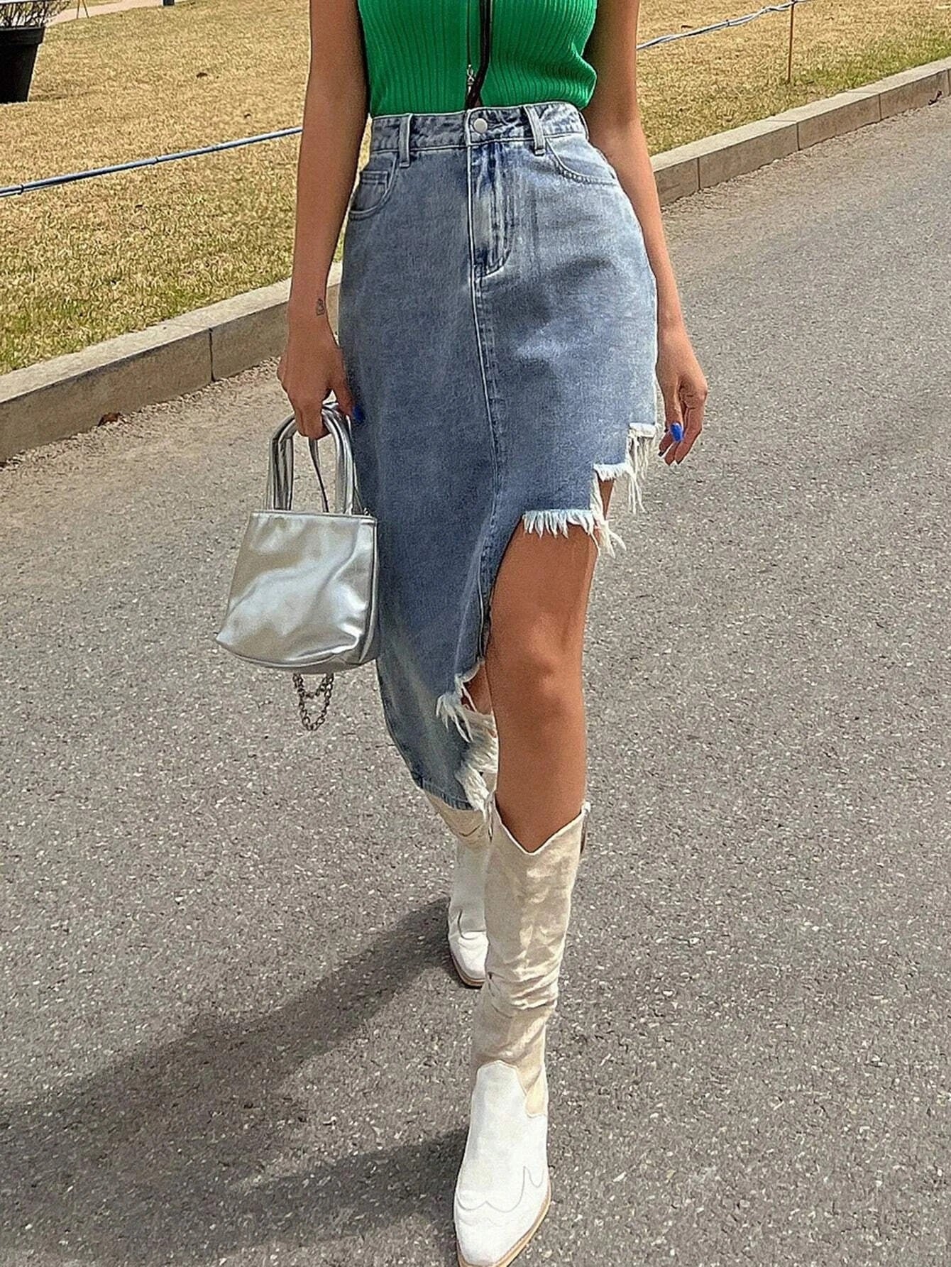 CM-BS604099 Women Casual Seoul Style Solid Raw Trim Asymmetrical Hem Denim Skirt
