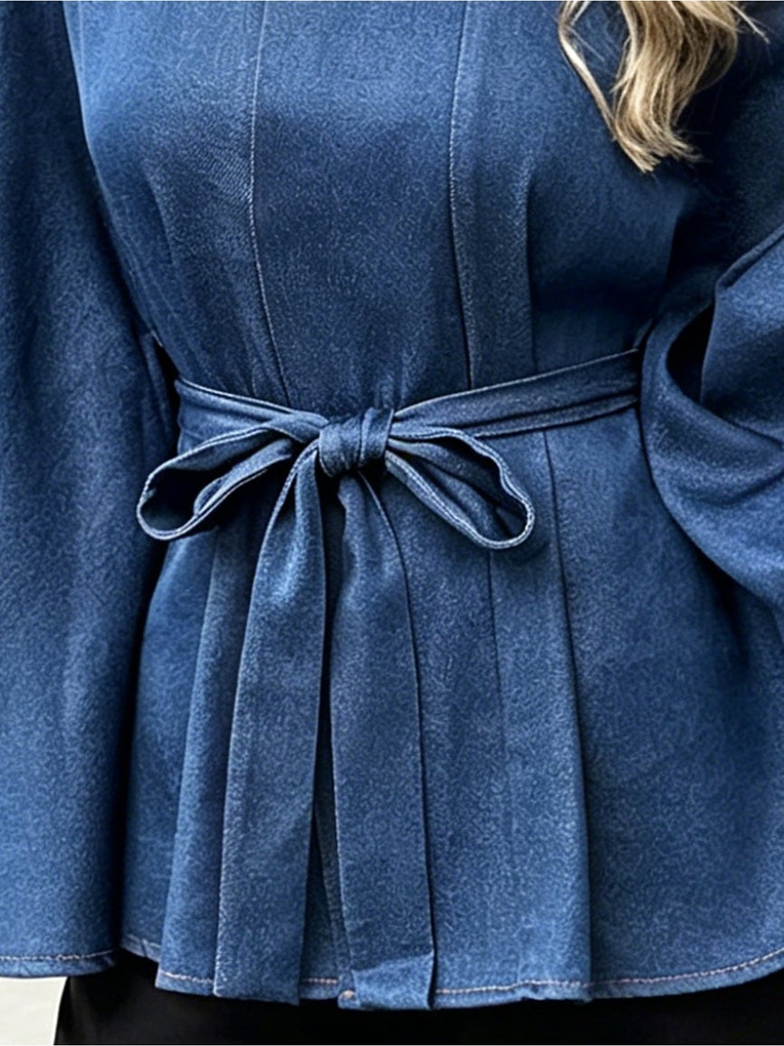 CM-CT556422 Women Casual Seoul Style Stand Collar Cape Sleeve Belted Denim Jacket - Lake Blue