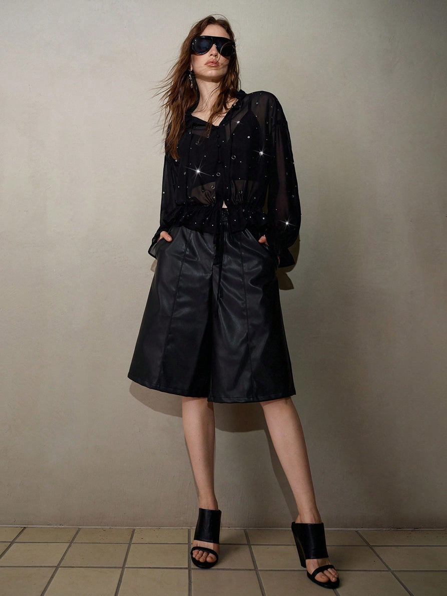 CM-TS731496 Women Elegant Seoul Style Front Tie Embellished Rhinestone Hand Sewn Metal Decor Ruffle Hem Sheer Blouse