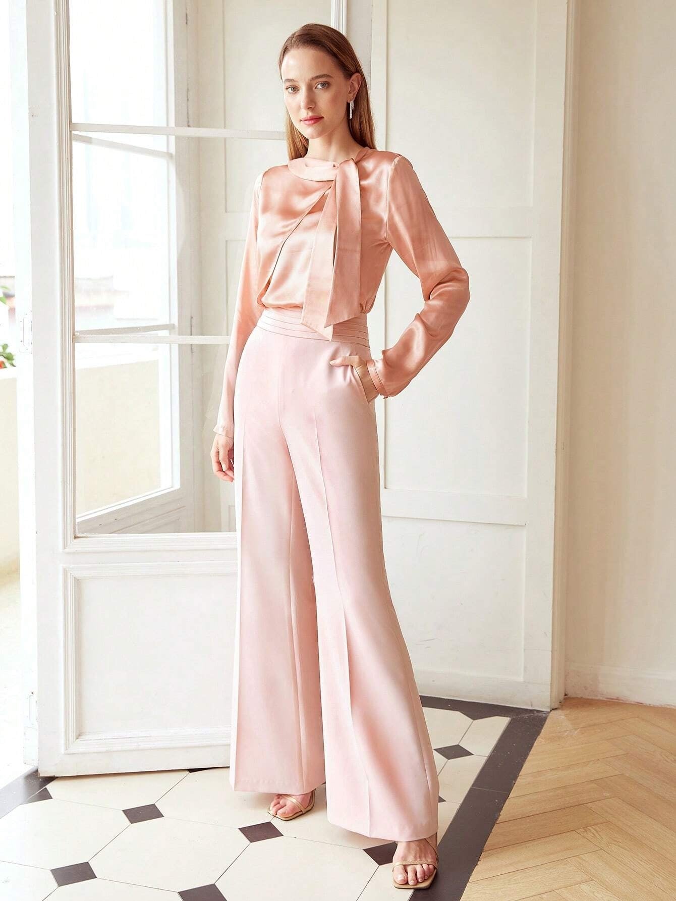 CM-BS295337 Women Elegant Seoul Style Pintuck Waist Flare Leg Pants - Baby Pink