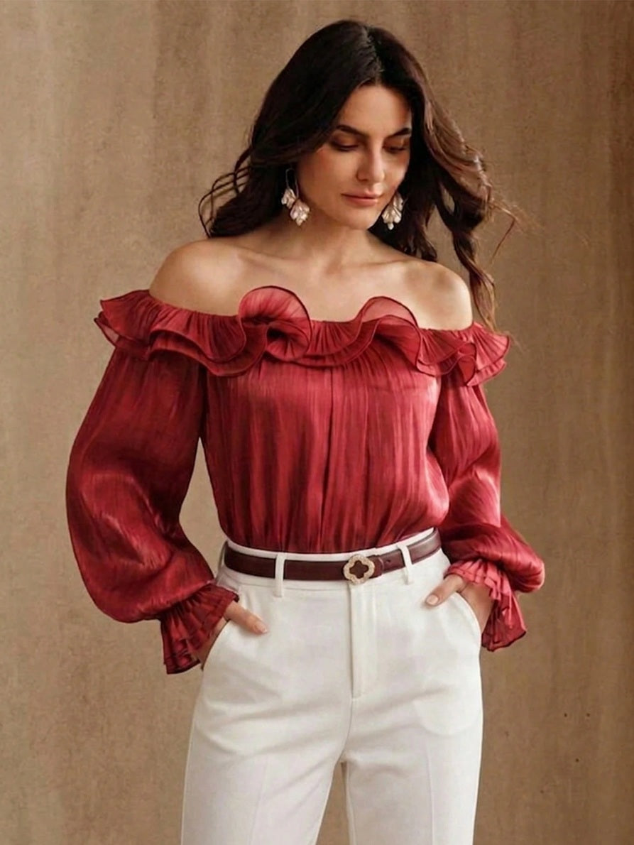 CM-TS097142 Women Elegant Seoul Style Off-Shoulder Loose Hem Wavy Edge Petal Sleeve Flowy Blouse - Burgundy
