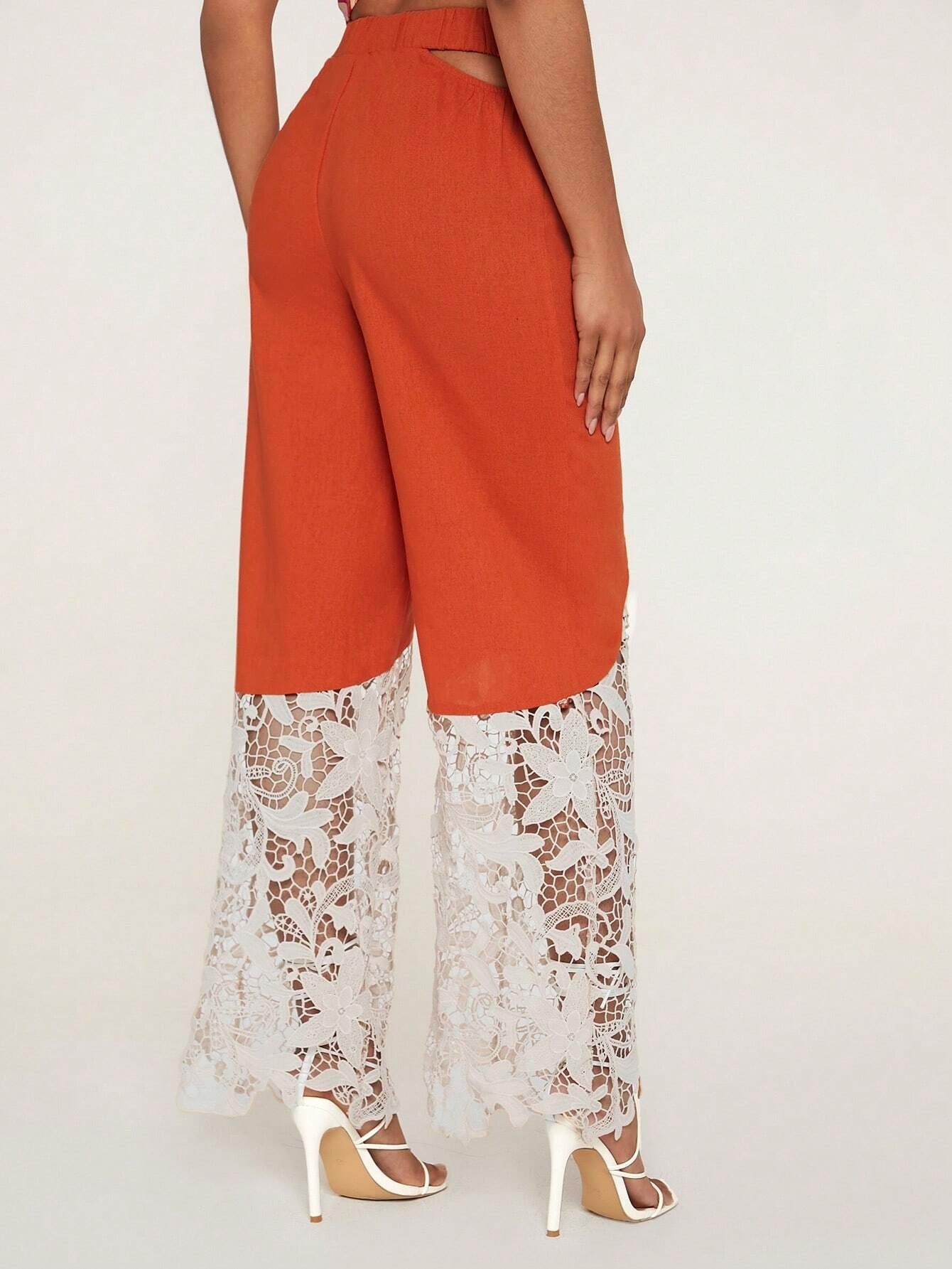 CM-BS331651 Women Elegant Seoul Style Contrast Lace Cut Out Waist Pants